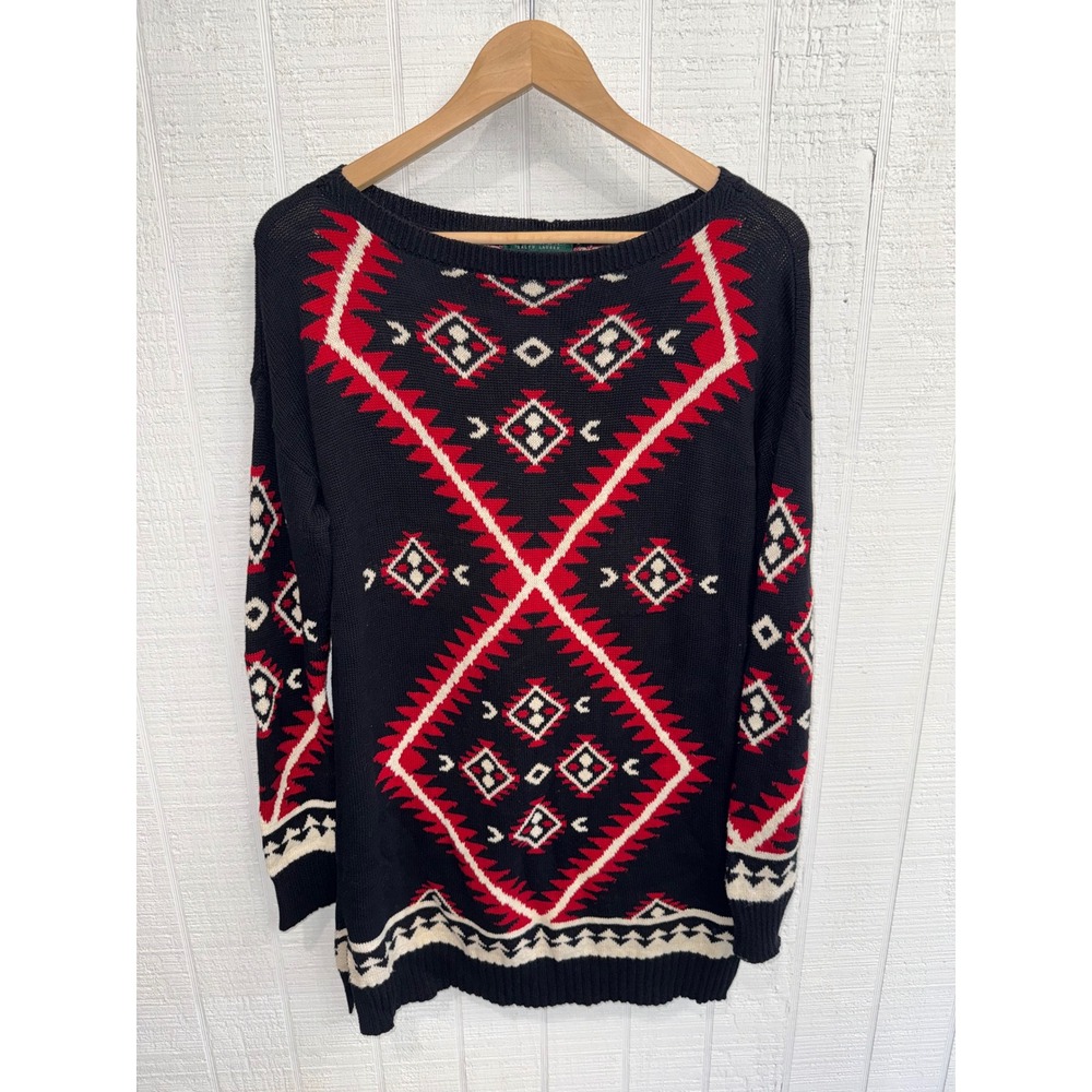Lauren Ralph Lauren Sweater Women Black Red Southwestern Intarsia Knit M